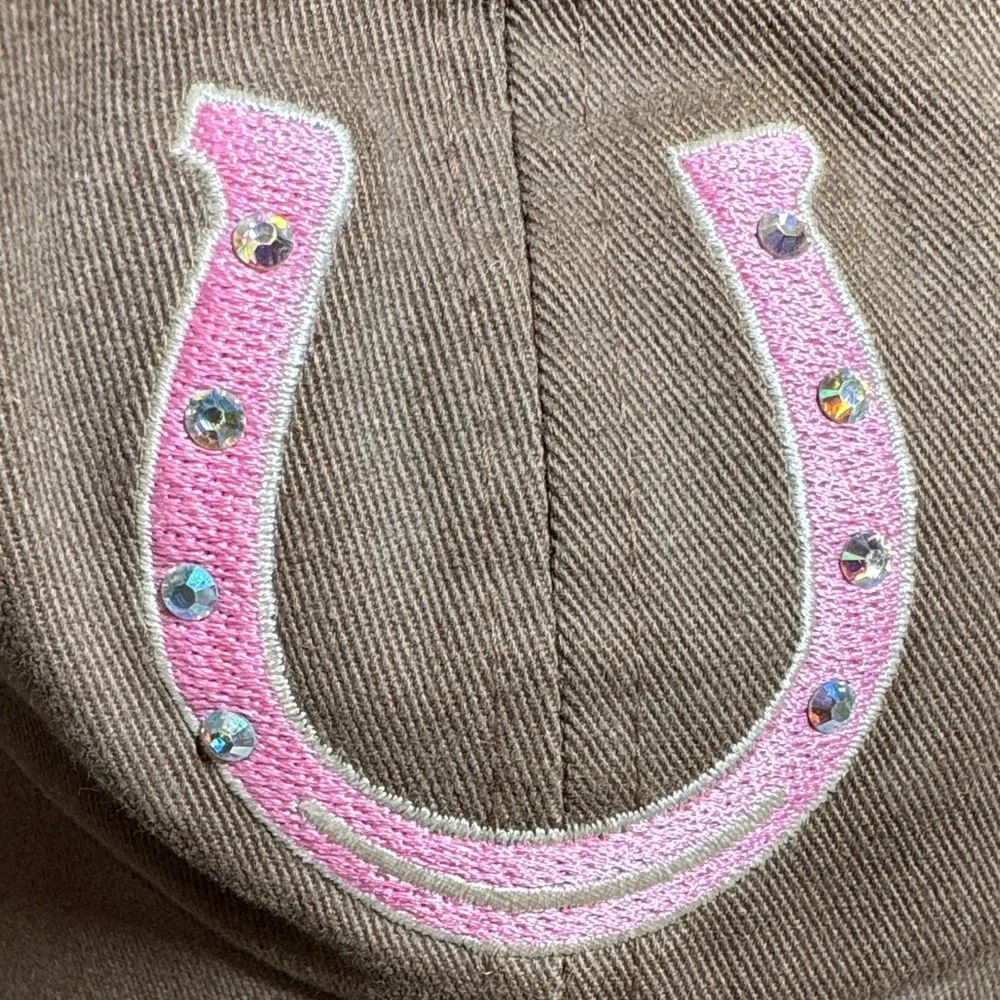Brown Cotton Cap with Pink Horseshoe Design.